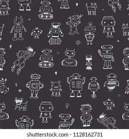 funny doodle robots vector seamless pattern