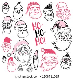 Funny doodle Santa face holiday icons collection. Hand kids drawn sketches. Ho-Ho-Ho, lettering