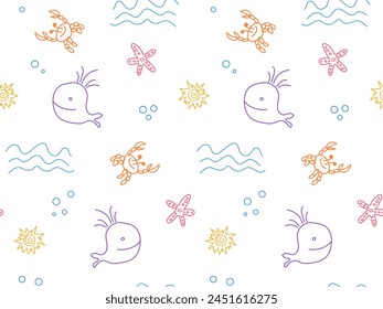 Funny Doodle sea seamless Pattern. Child drawing cute Underwater characters. Abstract Whale, Crab, Starfish, ocen waves, sun. Summer Holidays, vacation, Happy time colorful background