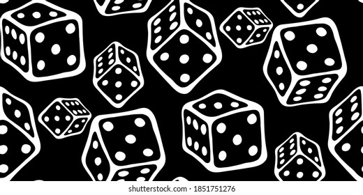 Funny doodle seamless pattern with dice by white contour for board game. Flying cubes isolated on black background. Perfect for decor of children's playroom, textiles, packaging. Stay home hobby time.