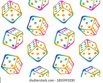 Funny doodle seamless pattern with dice by white contour for board game. Flying cubes isolated on black background. Perfect for children's playroom, textiles, packaging. Stay home hobby time.