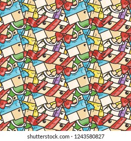 Funny doodle seamless pattern with gift boxes. Cute for prints, cards, designs and coloring books. Vector illustration