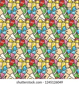 Funny doodle seamless pattern with gift boxes. Cute for prints, cards, designs and coloring books. Vector illustration