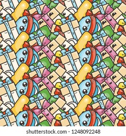 Funny doodle seamless pattern with gift boxes. Cute for prints, cards, designs and coloring books. Vector illustration