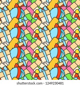 Funny doodle seamless pattern with gift boxes. Cute for prints, cards, designs and coloring books. Vector illustration