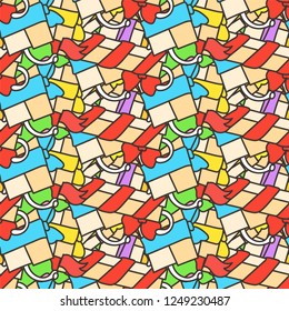 Funny doodle seamless pattern with gift boxes. Cute for prints, cards, designs and coloring books. Vector illustration