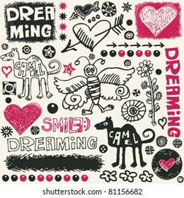 funny doodle set, hand drawn design elements
