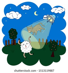 funny doodle sheep running from ufo, cartoon drawing animal, night stars and green field outdoor background, print for kids apparel, books, editable vector illustration