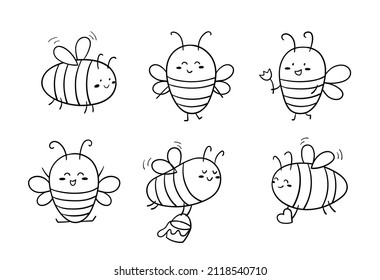 Divertido dibujo de garabatos adorables abejas. Insectos voladores dibujados a mano. Ilustración lineal vectorial.