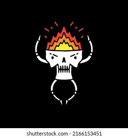 Funny doodle skull with fire inside the head, illustration for t-shirt, sticker, or apparel merchandise. 