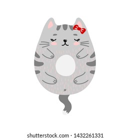 Funny doodle sleeping gray kitty with red bow. Vector illustration of cute hand drawn cat. Cartoon character isolated on white background for print, fabric, design, sticker