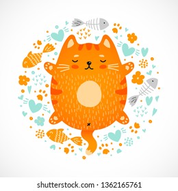 Funny doodle sleeping red cat. Vector illustration of cute hand drawn fat cat. Cartoon character isolated on hearts circle background for print, fabric, design, sticker