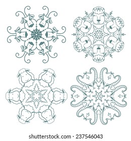 funny doodle  snowflakes with sheep and goats