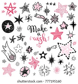 Funny doodle stars and comets icons collection. Hand kids drawn skethes. Make a wish, lettering