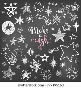 Funny doodle stars and comets icons collection. Hand kids drawn skethes on the chalk board. Make a wish, lettering