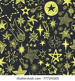 Funny doodle stars and comets icons seamless pattern. Hand kids drawn skethes. Hipster style