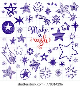Funny doodle stars and comets icons collection. Hand kids drawn skethes. Make a wish, lettering