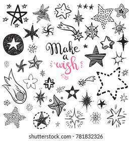 Funny doodle stars and comets icons collection. Hand kids drawn skethes. Make a wish, lettering