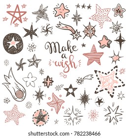Funny doodle stars and comets icons collection. Hand kids drawn skethes. Make a wish, lettering