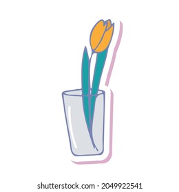 Funny doodle sticker tulip in a glass. modern hand drawn clip art. Cute simple flower in a vase. For greeting cards, children book and seasonal design. vector Doodle illustration isolated white.