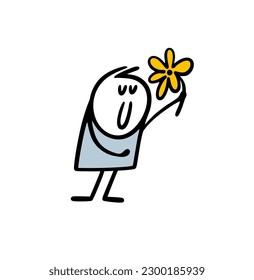 Funny doodle stickman giving a big flower  on holiday. Vector illustration of cartoon character and summer plant.