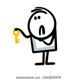 Funny doodle stickman holds golden key in hand and upset thinking what to do. Vector illustration of stick figure man house owner.