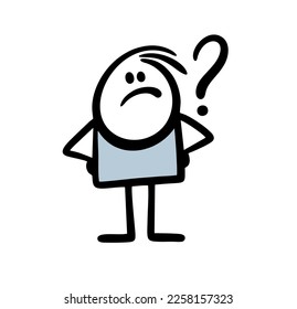 Funny doodle stickman looks unhappy with sign of question. Vector art illustration of male stick  figure.