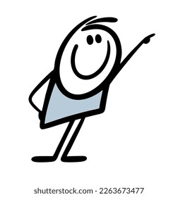 Funny doodle  stickman pointing with his fingure on something above to the right. Vector illustration of hand drawn boy with smile.