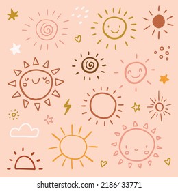 Funny doodle sun set. Hand drawn cute boho vector illustration