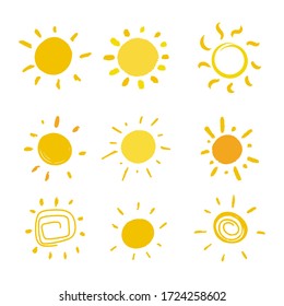 Funny Doodle Sun Set. Kid Style. Vector Illustration.