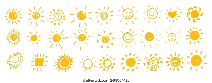 Funny doodle sun set. Kid style. Vector illustration.