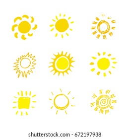 Die sonnige Dodle-Sonne geht unter. Kinderstil. Vektorillustration.