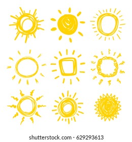 Funny doodle suns. Hand drawn vector set.