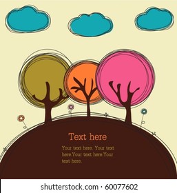 Funny doodle trees and clouds, vector card