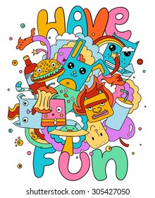 Funny doodle vector illustration, have fun, cute cartoon characters in color