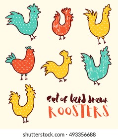 Funny doodle vector illustration of roosters, hand drawn