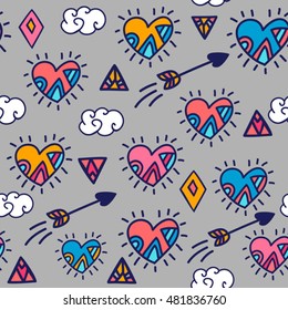 funny doodle vector seamless pattern with hearts and arrows