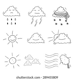 Funny doodle weather forecast objects collection including cloud, rain, snow, sun, wind, lightening
