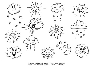 Funny doodle weather set. Isolated icons on white background. Hand drawing clouds, suns with cute face.