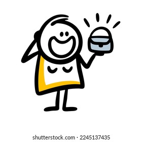 Funny doodle woman looks with delight at a new fashionable handbag in the store and wants to buy it. vector illustration of a leather accessory and an admiring person.
