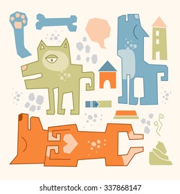 Funny doodles dogs. Three dogs in a different situations with a set of dogs stuff on the background.