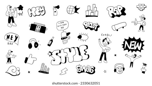 funny doodles grahic set  characters and lettering , hand drawn sign and symbols,
isolated  vector background street art style