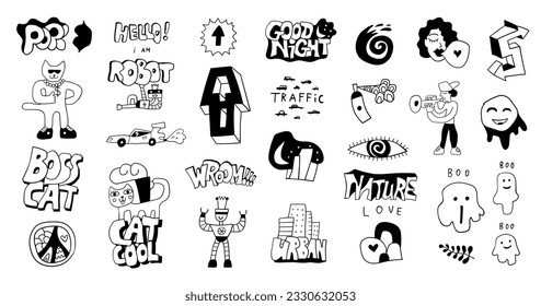 garabatos divertidos, caracteres y letras de juego graho, signos y símbolos dibujados a mano,
estilo de arte callejero de fondo vectorial aislado