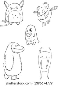 Funny doodles monster pack. Black and white line illustration. 