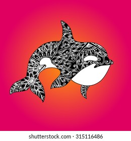 Funny doodles pattern with whale. underwater sea life