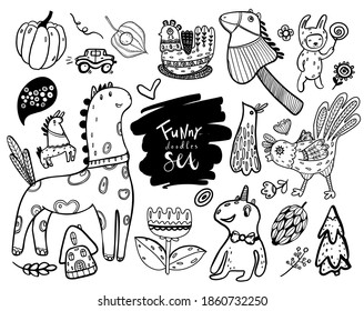 Funny doodles set with children toys and cartoon animals. Vector hand drawn illustration for stickers, colouring book, poster and other.