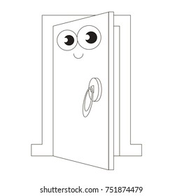 Funny Door Entrance cartoon, the colorless outlined illustration with thin line black stroke.