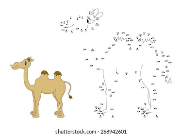 Funny dot game für Kinder: fügen Sie den Punkten nach den Zahlen, süßes Kamel stehen und lächeln. Braunes Farbdesign, Cartoon-Stil. Vektorgrafik-Illustration einzeln auf weißem Hintergrund