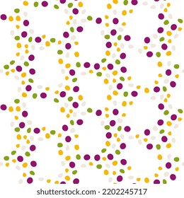 Funny dots in grid seamless pattern. Irregular shapes on white background. Childish colorful design with cute hand drawn circles. Flat cartoon style vector illustration