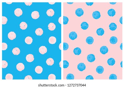 Funny Dots of Irregular Shape Vector Pattern. Light Pink Dots on a Blue Background. Blue Circles on a Light Pink Layout. Cute Infantile Style Design. Delicate Pastel  Colors. Hand Drawn Graphic.